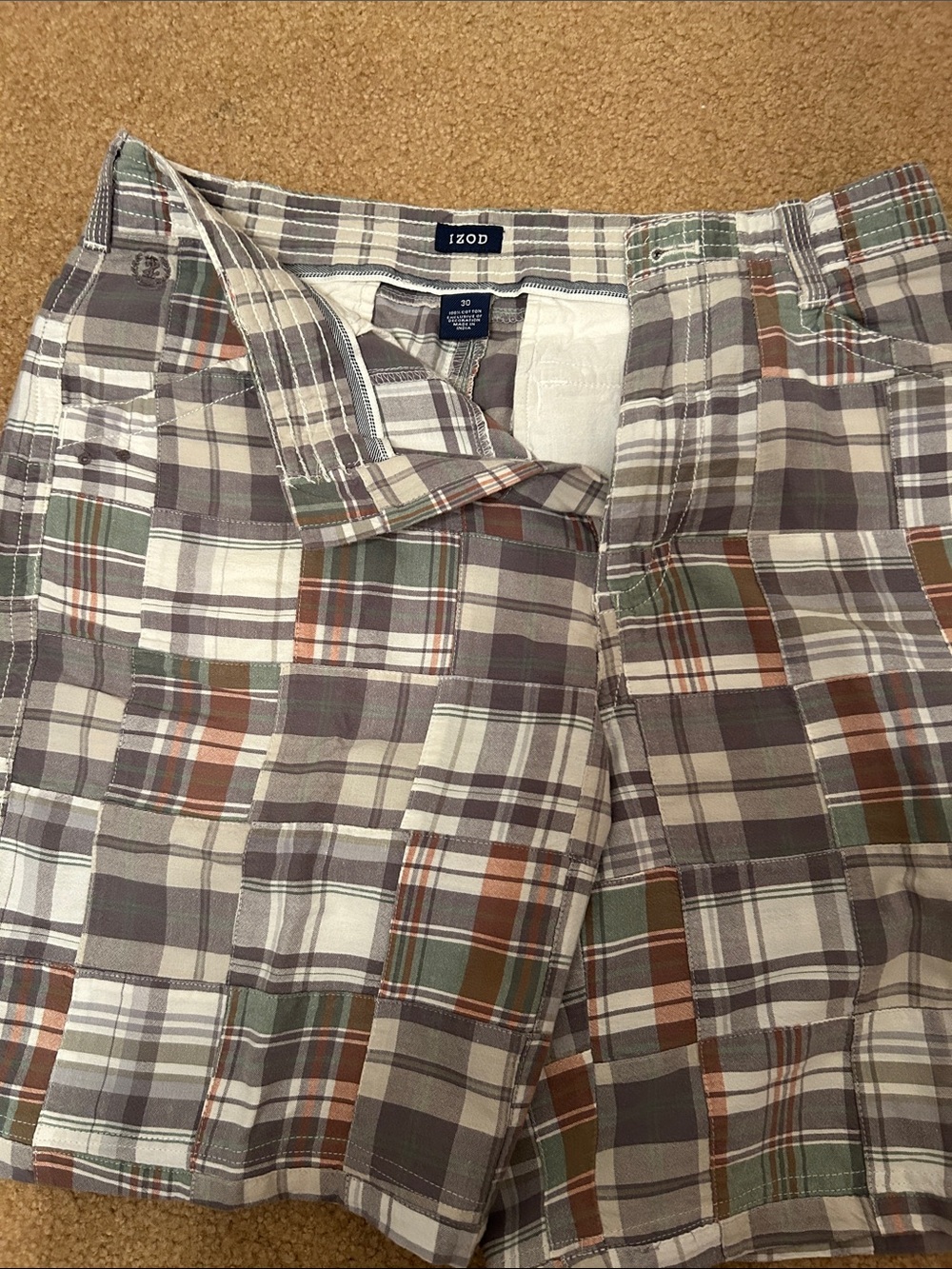 Izod Multicolor Plaid Cotton Shorts — Gray, Green & Rust Accents